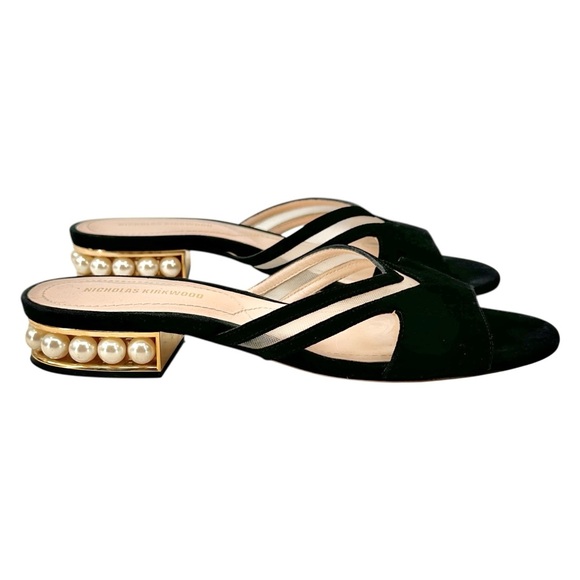 Nicholas Kirkwood Black Suede & Mesh Pearl Heeled Leather Mule Slide Sandals